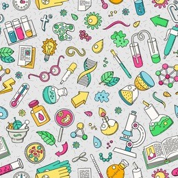 science seamless pattern. line art detailed. hand drawn style. chemical laboratory. biolab