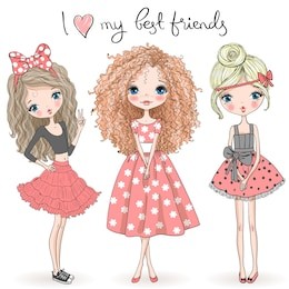 three hand drawn beautiful cute girls on the background with the inscription i love my best friends. vector illustration.