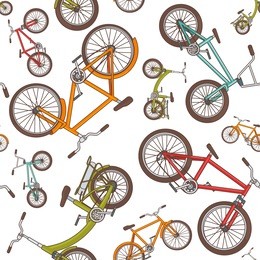 colorful cartoon bicycles seamless pattern with bikes of different construction on white background vector illustration