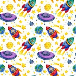 cartoon space seamless pattern.  rocket. flying saucer. moon. planet earth. star. satellite.
