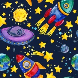 cartoon space seamless pattern.  rocket. flying saucer. moon. planet earth. star. satellite.