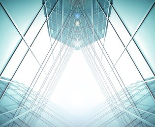 closed angle symmetric corridor of glass building in haze