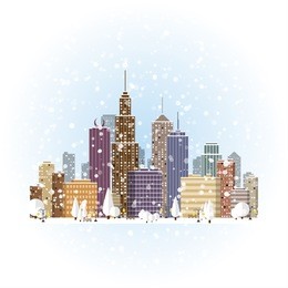flat winter cityscape background. town architecture. urban landscape illustration. modern metropolis skyscraper silhouette. new year and xmas holidays.
