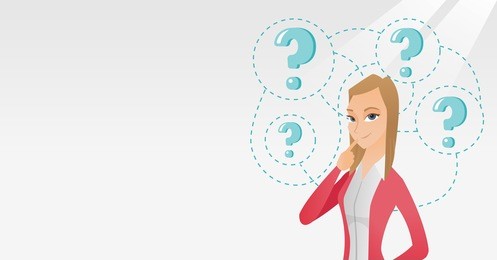 young caucasian business woman thinking. thinking business woman standing under question marks. thinking business woman surrounded by question marks. vector flat design illustration. horizontal layout