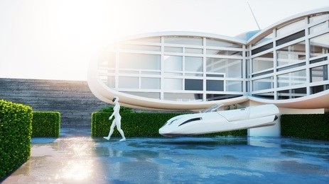 house of future. futuristic flying car with walking woman. 3d rendering.