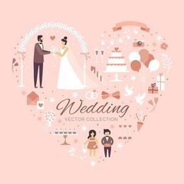 set of wedding invitation design elements. the perfect design for wedding card. marriage, bride and groom, bride's bouquet, cake, love, ribbon, white pigeons, flower arch, pink