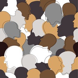 seamless pattern of a crowd of many different people profile heads. vector background.
