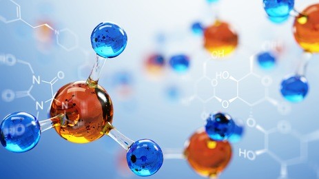 3d illustration of molecule model. science background with molecules chemical formulas