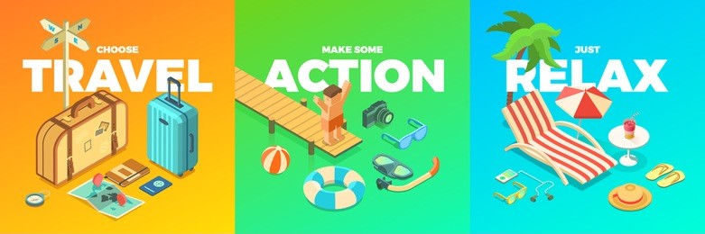 summer vacation activities, isometric accessories, travel, action, relax, fun, isolated vector illustrations