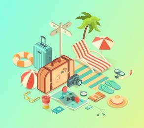 summer travel and vacation isometric accessories