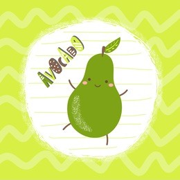 cute hand drawn green avocado character with abstract elements, stripes and lettering quote avocado. flash card, postcard, background, tag for children. fruit character background