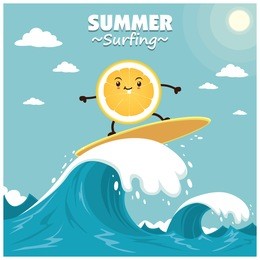 vintage fruit poster design with vector watermelon surfer.