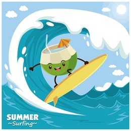 vintage fruit poster design with vector cocnut surfer.