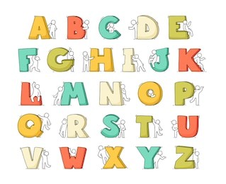 cartoon icons set of sketch little people with letters. doodle cute workers with alphabet. hand drawn vector illustration for education design.