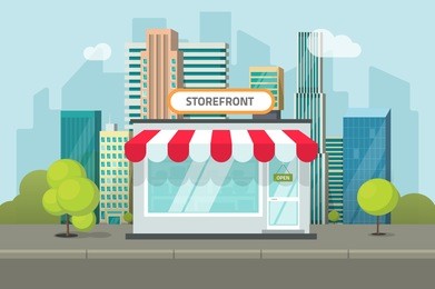 storefront in city vector illustration, store building on town street landscape, flat cartoon style shop facade front view