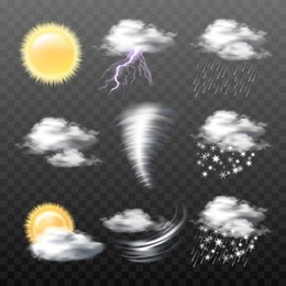 set of vector realistic weather icons - sun, clouds, thunderstorm with lightning, tornado, wind, rain, snow, wet snow, isolated on transparent background