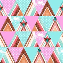 abstract watercolor ornate triangles seamless pattern. geometric triangle shapes with aztec ornament, grunge texture, polka dot. hand painted colorful illustration in patchwork style