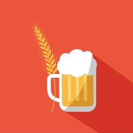 cool beer mug or beer glass with full foam isolated icon & symbol. button sign for web. alcohol drink with shadow & one gold wheat modern simple vector on flat design