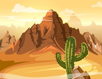 desert hills, cactus near big mountain. vector yellow background illustration. western mountain desert panorama, natural mountain and green cactus