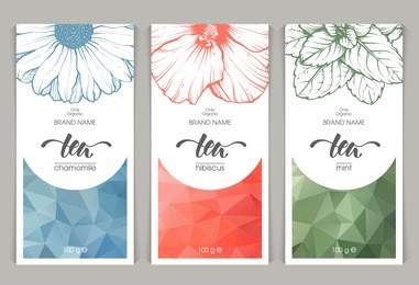 vector set of templates packaging herbal tea, label, banner, poster, identity, branding. abstract color background with linear graphic illustration - chamomile, hibiscus, mint. stylish design