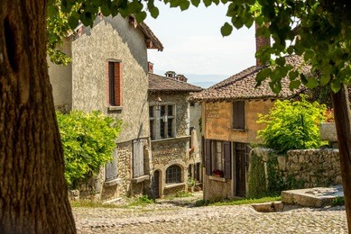 old stone houses in perouges, france, burgundy, a medieval walled town, northeast of lion. very popular touristic attraction.