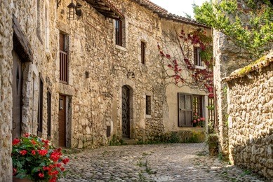 old stone houses in perouges, france, burgundy, a medieval walled town, northeast of lion. very popular touristic attraction.