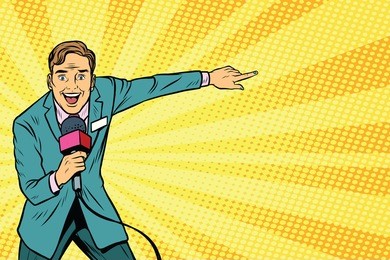 joyful tv reporter broadcasts live. pop art retro vector illustration