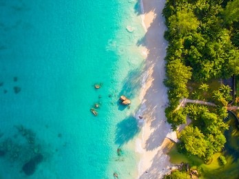 aerial: anse lazio, praslin island, seychelles