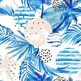 abstract summer tropical palm trees and leaves seamless pattern. watercolor palm tree, leaf, marble, grunge, doodle textured circles. floral and geometrical background. hand painted illustration