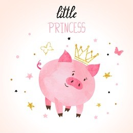 little princess pig vector illustration. cute watercolor piggy.