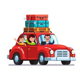 happy family traveling by car with a luggage bags on the roof. mother, father and son on vacation road trip together. retro auto. flat style vector illustration isolated on white background.