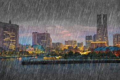 falling rain in minato mirai at yokohama city, japan