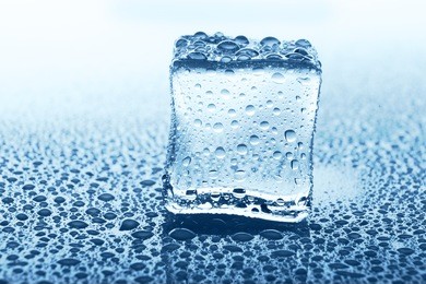 transparent ice cube with reflection on white background. closeup of cold crystal block on blue glass with water drops