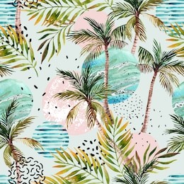 abstract summer geometric seamless pattern. watercolor palm tree, leaf, marble, grunge, doodle textured circles background. water color floral, minimal elements. hand painted tropical illustration