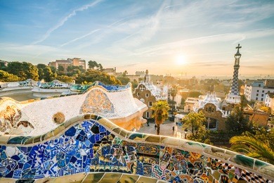 view of barcelone from the park at sunrise