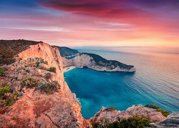 dramatic spring scene on the shipwreck beach. colorful sunset on the ionian sea, zakynthos island, greece, europe. beauty of nature concept background. artistic style post processed photo.

