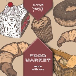 colro food market label template with hand drawn sketch of apple pie, black forest cake, doughnut and croissant. great for store and packaging design.