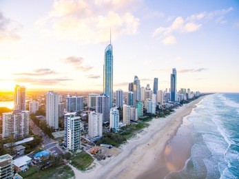 surfers paradise skyline at sunset from an aerial view