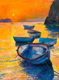 original oil painting on canvas. boats in the ocean, sunset. fine art. modern impressionism.