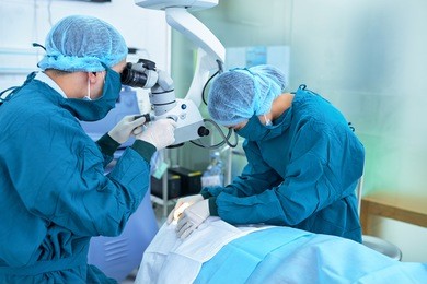 team of medical workers performing eye surgery