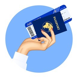 hand of stewardess with passport and air ticket on round blue background. vector illustration