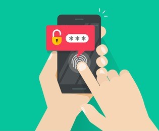 hands with smartphone unlocked with fingerprint button and password notification vector, mobile phone security, cellphone personal access via finger, user authorization, login, protection technology