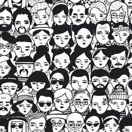 seamless pattern of crowd different people, woman and man faces. doodle portraits fashionable girls and guys. trendy hand drawn wallpaper. black and white vector background.