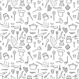 cooking utensils and kitchen tools - seamless background doodle vector.