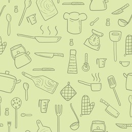 cooking utensils and kitchen tools - seamless background doodle vector.