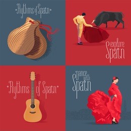 set of vector illustrations with spanish symbols: flamenco dancer, spanish guitar, bull fighter. design clip-art element for visit spain concept
