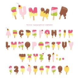 ice cream melted font. popsicle colorful letters and numbers can be used for summer design. isolated on white.