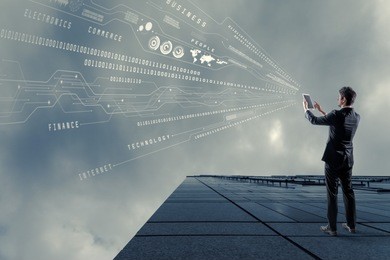 young businessman using smart phone and digital information concept. internet of things. digital transformation. abstract mixed media.