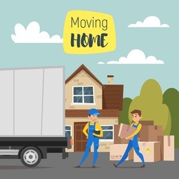 vector cartoon style illustration of loaders movers man carrying cardboard boxes. house, paper boxes and a truck. concept for home moving. 