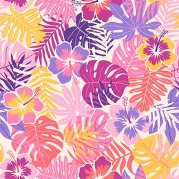 hibiscus and tropical leaf vector seamless pattern background